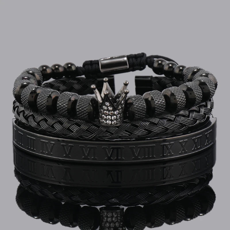Luxury Set Crown Charms Man Bracelet Roman Stainless Steel Women Bangles Hand Jewelry