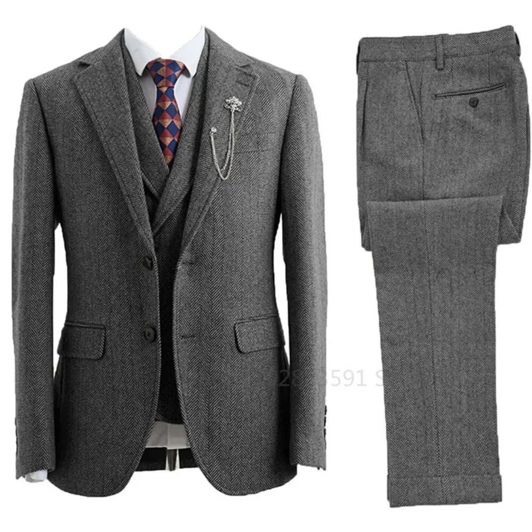 3 Piece Men Suit Tweed Herringbone Double-Breasted Wedding Tuxedos Size Men Clothing Casual Style Men's Fashion