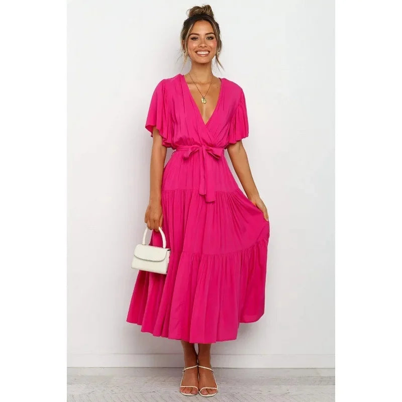 Bohemian V-Neck Short Sleeve Waist-Cinched Dress Skirt Dress