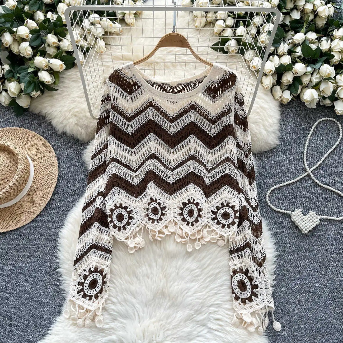 Crochet Top Long Sleeve O-Neck Wavy Striped Open-knit Pullover Sweater for Women Boho Vacation Outfit
