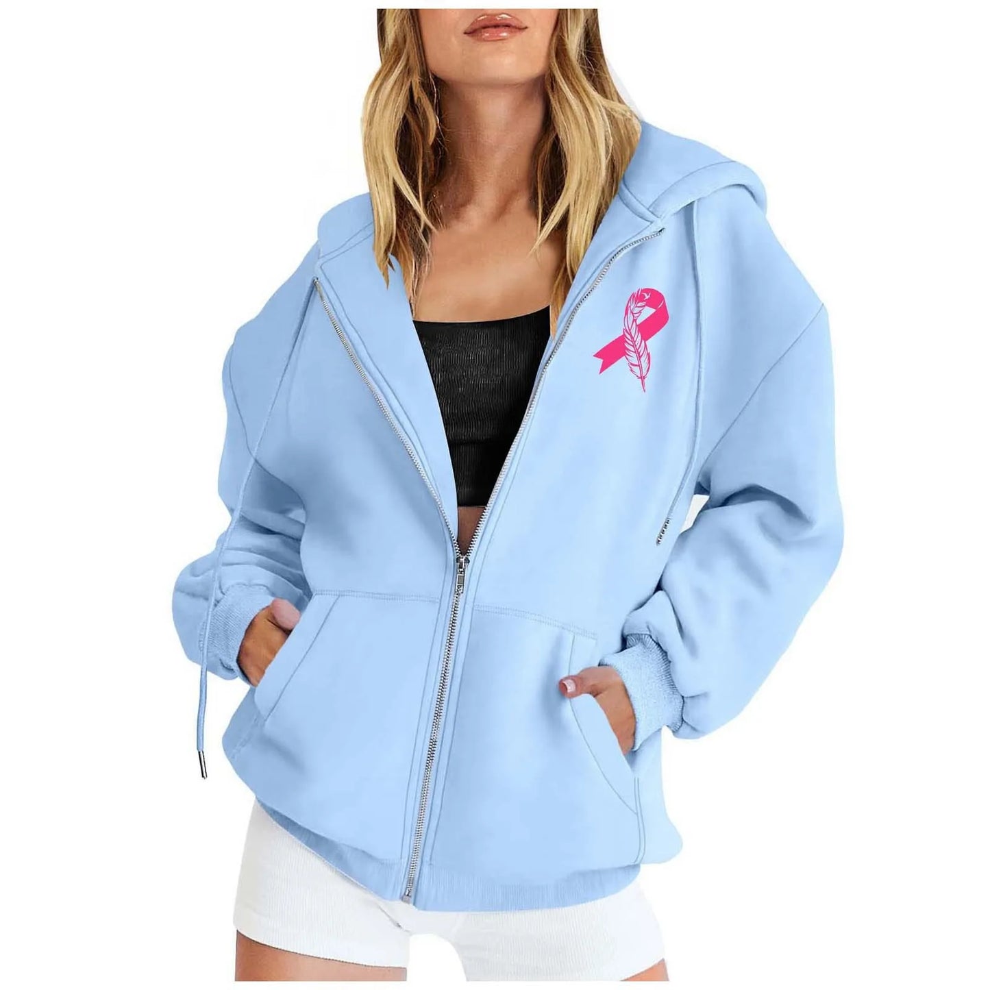Women's Pink October Hoodies Breast Cancer Awareness Ribbon Feather Print Zipper Sweatshirts Long Sleeve Women Hoodies