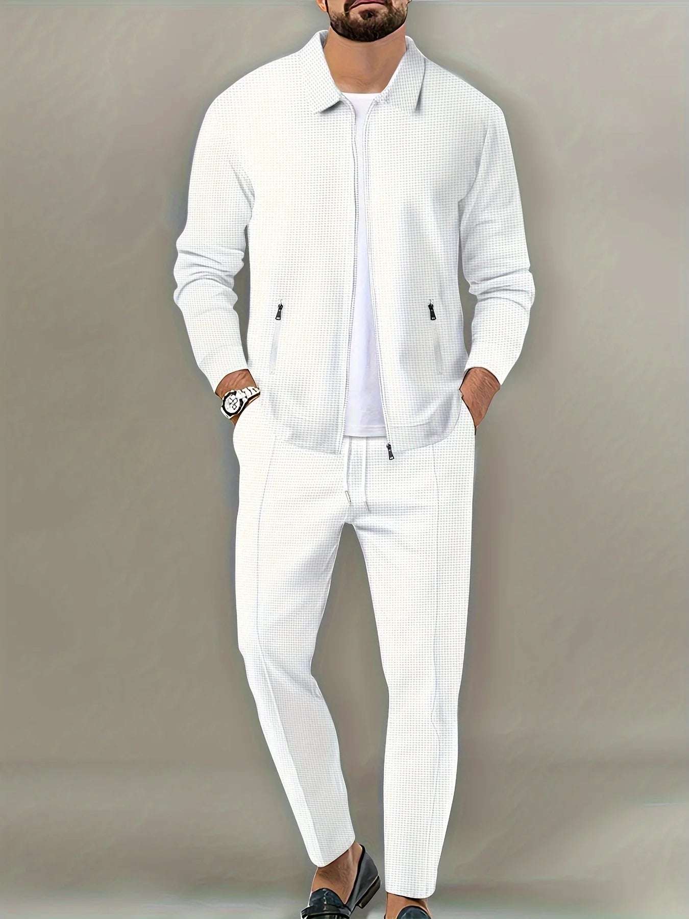 Men's Slim Fit Jacket with Zipper Pocket, Long Sleeved Sportswear, Cardigan Jacket Set, Long Pants, Elegant, two-Piece Set