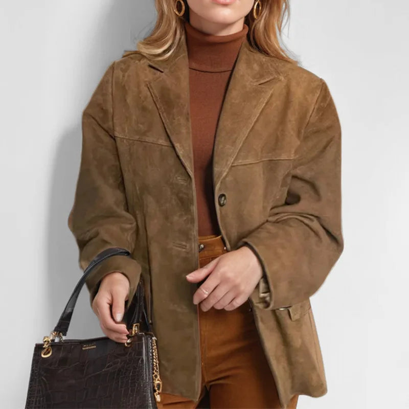 Brown Lapel Pocket Suede Leather Jacket Single Button Long Sleeve
