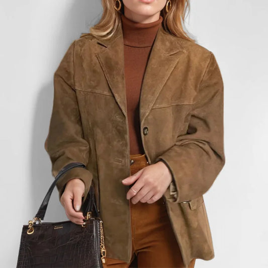 Brown Lapel Pocket Suede Leather Jacket Single Button Long Sleeve