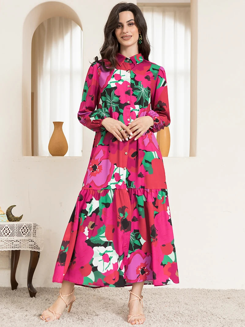 Pointed Collar Long Sleeve Button Belted Floral Print Maxi Dress in Rose Pink