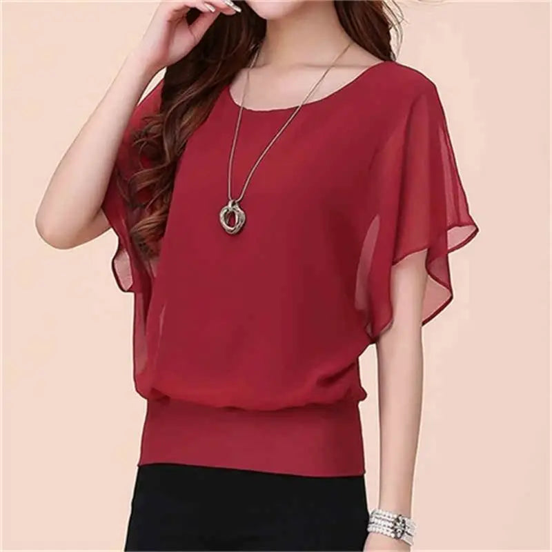 Women Summer Simplicity Loose Solid color Fashion Ruffles  O-neck
