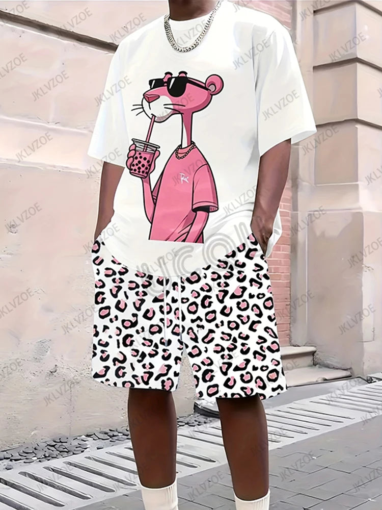 Men's Tracksuit Sets Pink Panther Short Sleeve T-Shirt Suit Casual Suit Sports Streetwear Shorts 2 Piece Male Clothes