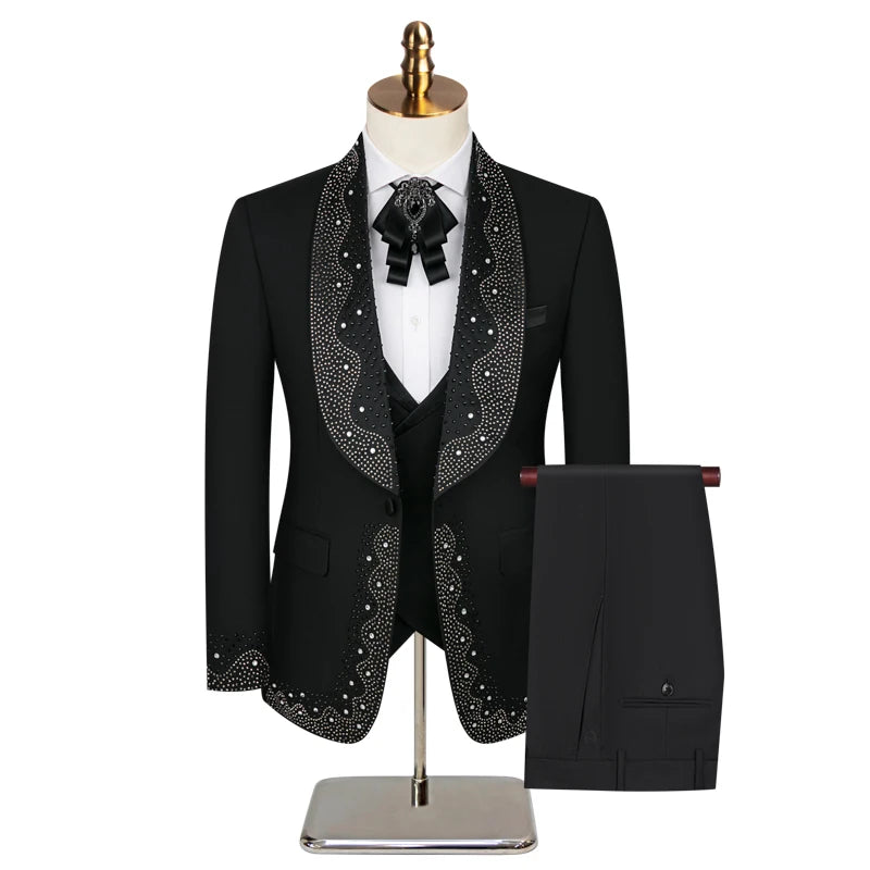 High-grade Light Luxury Men's Suits Set 3 Pieces, Wedding Host Banquet Performance Party Blazer with Pants Vest