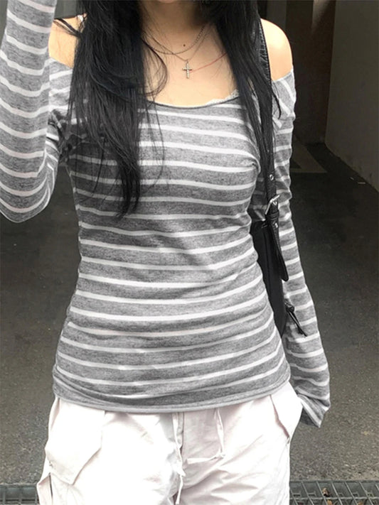 Women s Striped Off Shoulder Blouse with Long Sleeves - Stylish and Comfortable Casual Top