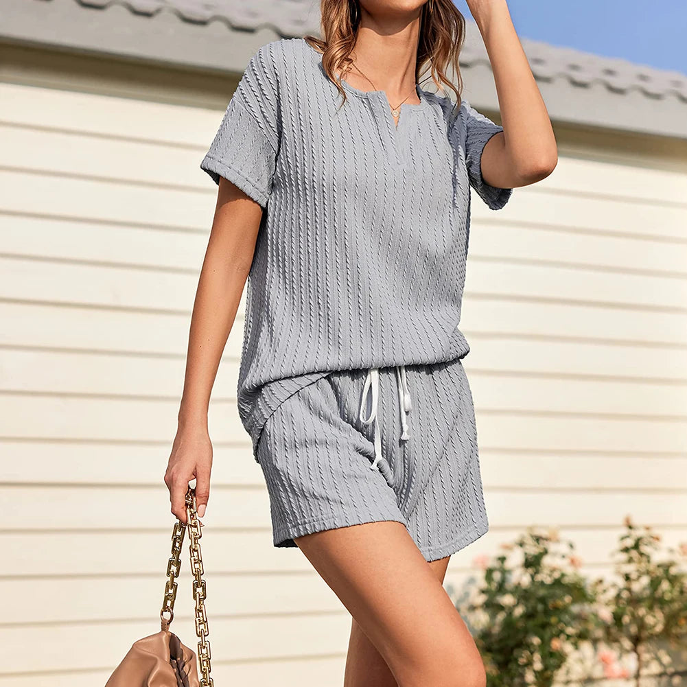 V Neck Short Sleeve Top Short Pants Women 2 Piece Lounge Sets Solid Color Drawstring Waist with Pockets