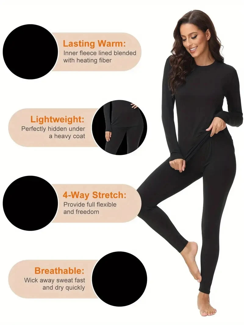 Round neck women's thermal underwear with fleece thermal underwear 2-piece se