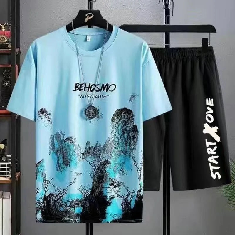 Summer leisure Men set Manga Graffiti Tees T-shirt + shorts 2-piece Comfortable and breathable for men Top Print T-shirts sets