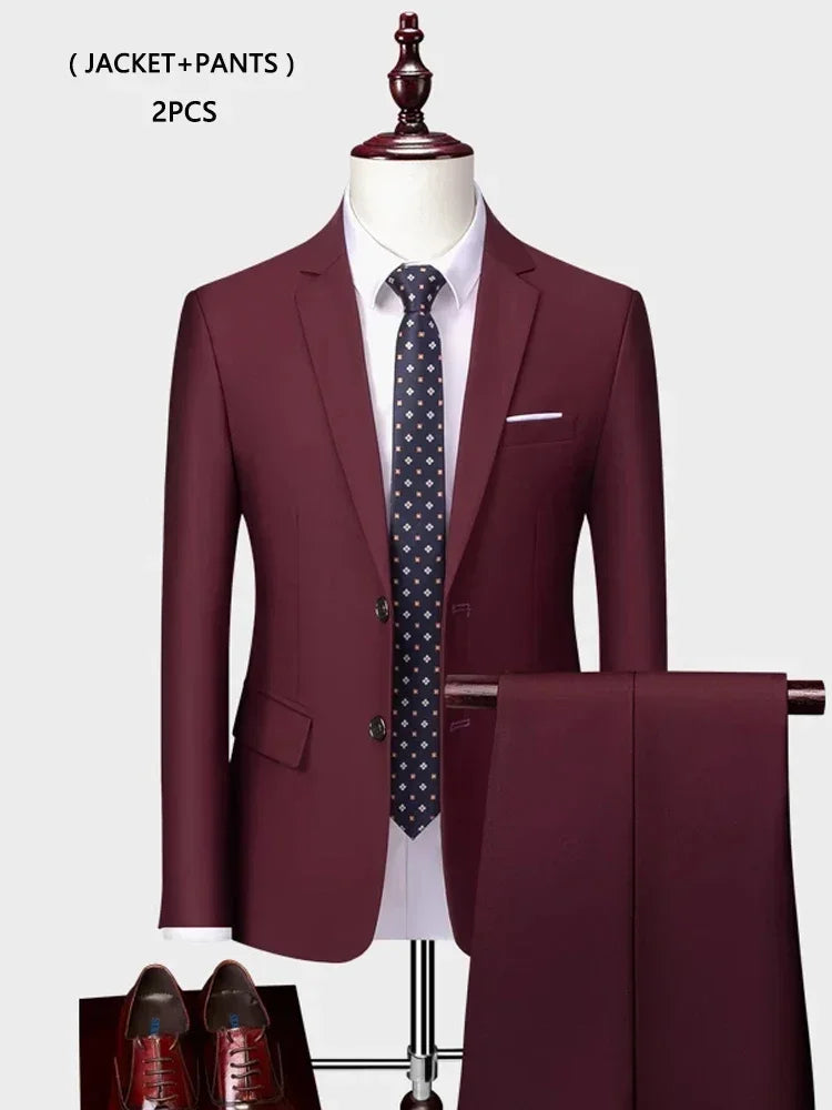 ( Jacket +Vest+ Pants ) Luxury Men's High-end Brand Solid Color Business Office Suit 3Pcs & 2Pcs Groom Wedding Party Suit Tuxedo