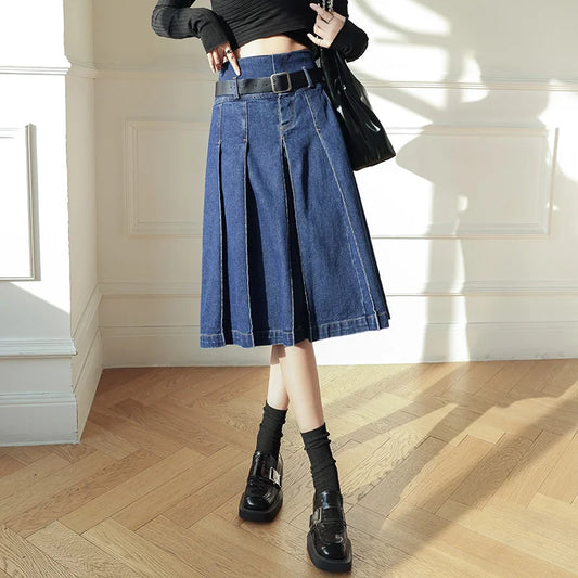 Denim Pleated  Vintage  High Waist A-Line Jeans Skirt Casual
