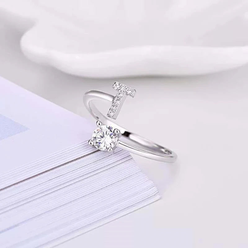 Shining Rhinestone 26 Letters Adjustable Rings  Initial A-Z Alphabet Opening Ring
