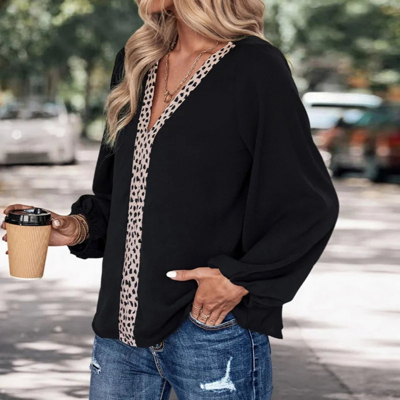 Long Sleeve Blouses Women Leopard Print Trim Chiffon Tops V Neck Loose Business Shirts Casual Work Tunic