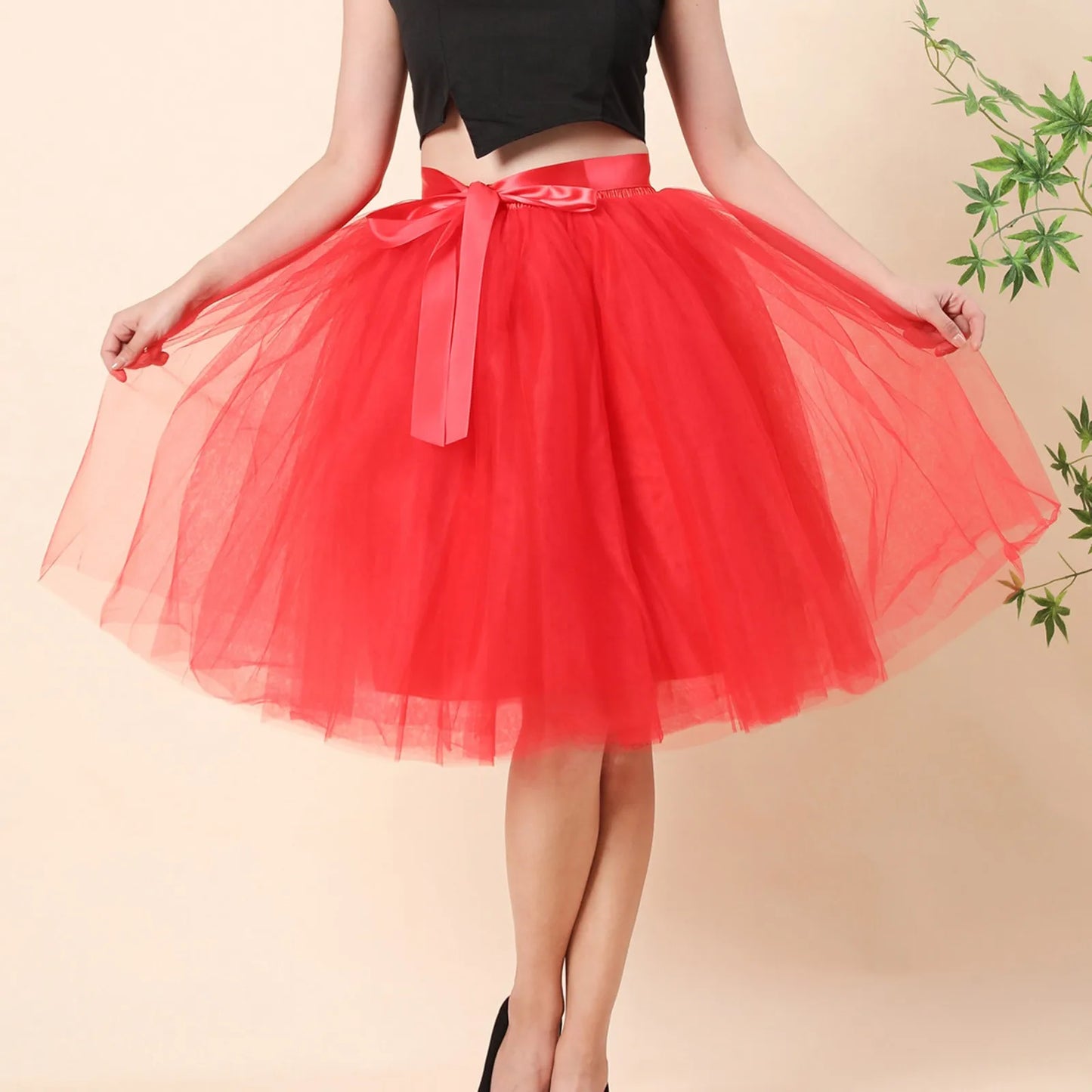 Knee Length Women A-Line Tulle Skirts Lace Up Multi Layered Tulle Petticoat Midi Skirt