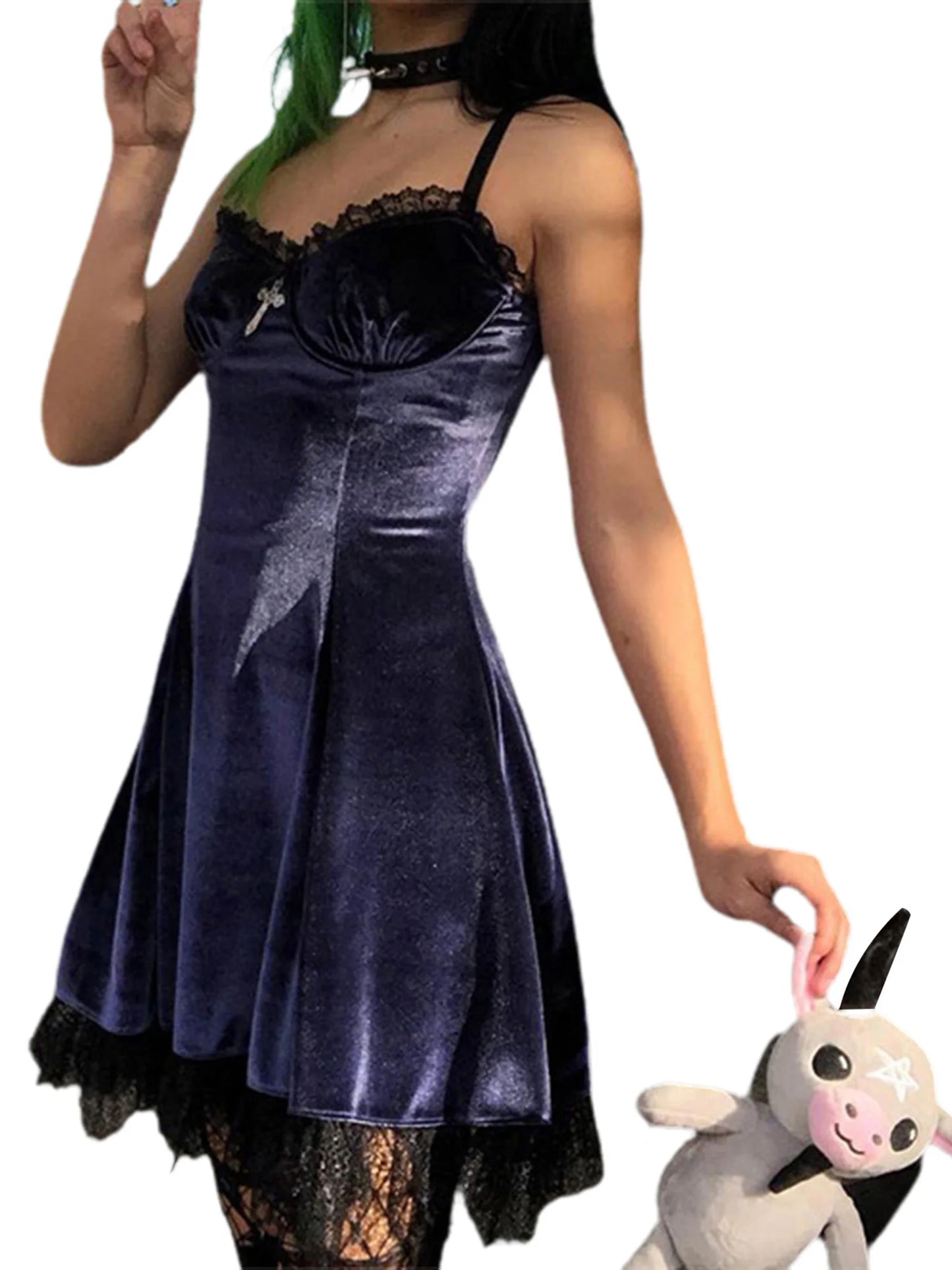Velvet  Dress with Ruffles and Lace Trim  Spaghetti Strap V-Neck Gown with Bow Detail