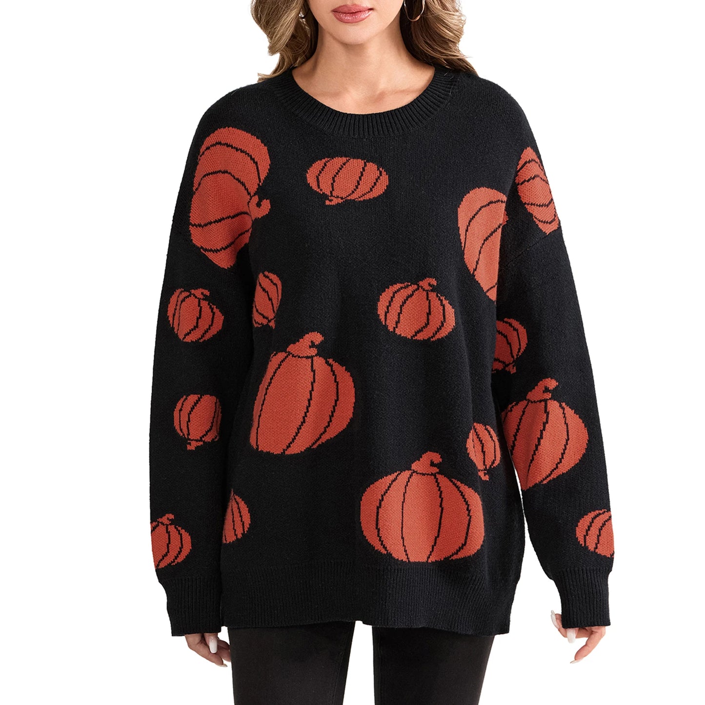 Women Halloween Knit Sweater Long Sleeve Round Neck Pullovers Fall Winter Casual with Spooky Vibes