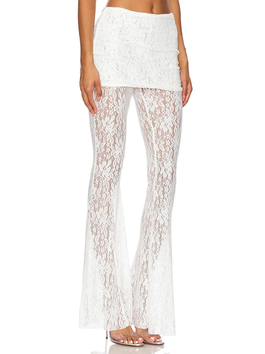 Elegant Lace Overlay Flared Pants with Elastic Waistband and Skirt Detail Stylish Bell Bottom Trousers for Women
