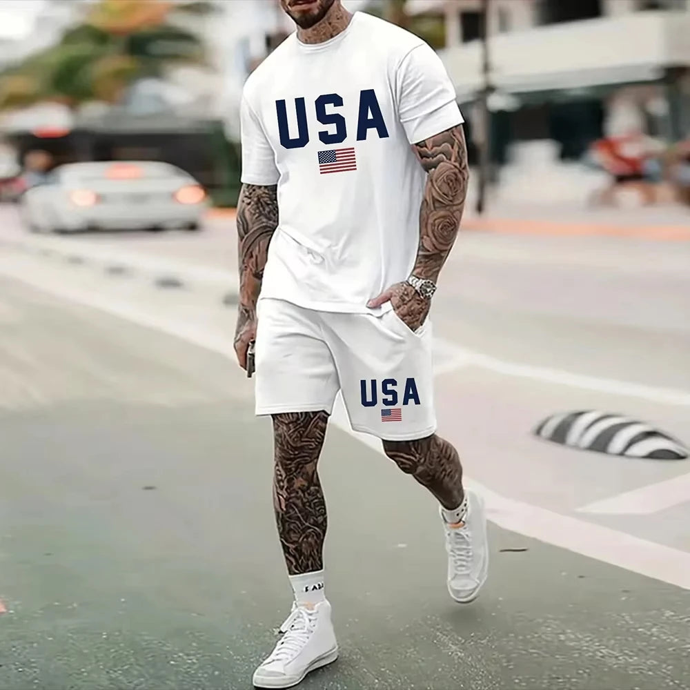 North American Fashion Men's Casual Suit with Print Pattern Short Sleeves and Shorts Sporty Breathable and Comfortable Clothing