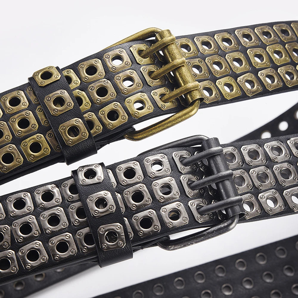 3.8cm Width PU Leather Belt With Metal Rivet Design 3 Pin Buckles Waistband Goth Belt