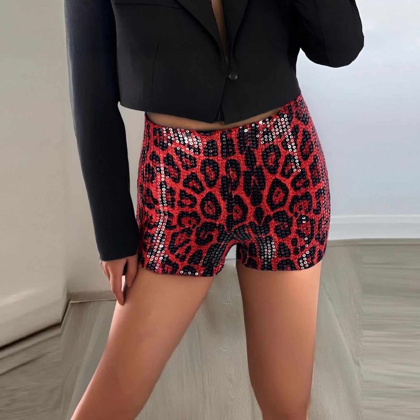 Women's Leopard Sequin Shorts Elastic Waist  Shorts Club Rave Bottoms Shorts Fashion Female Party Wear Shiny Shorts