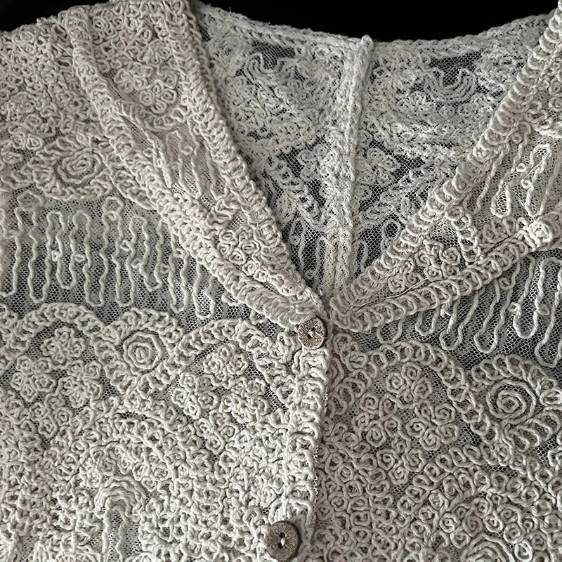 Sheer Embroidery Lace Blouse Cover Up Top Short Sleeve Button Front Women Summer Boho Vacation Outfit