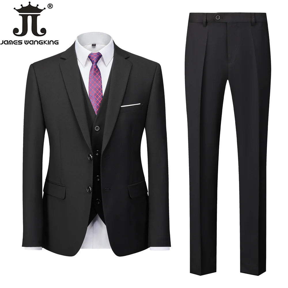 Jacket + Vest + Pants  Boutique Solid Color Men's Official Business Suit Bride's Wedding Dress Party Male Suit