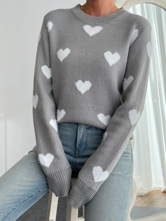 Women's Chic Blue Heart Pattern Crew Neck Sweater - Cozy Long Sleeve Knit Pullover, Soft Acrylic/Nylon Blend