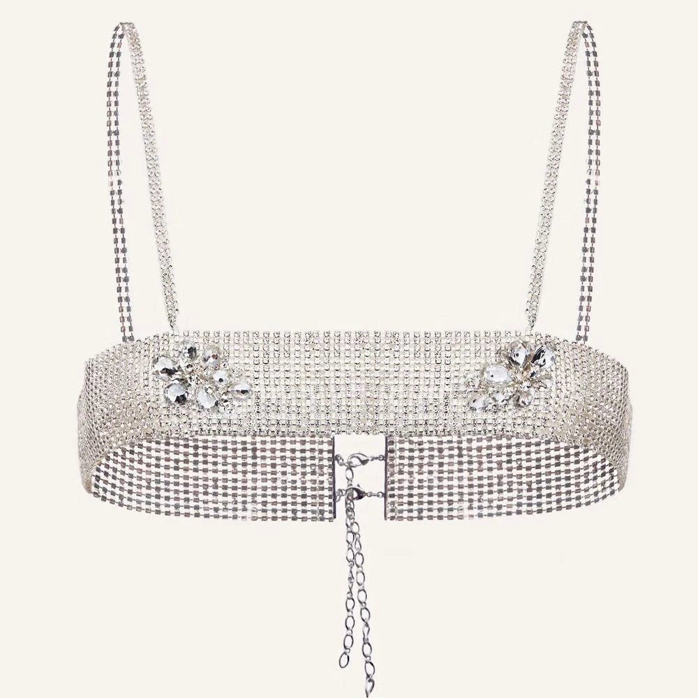Crystal Flower Chest Top Bikini Body Accessories Rhinestone Bra Chain Lingerie Jewelry