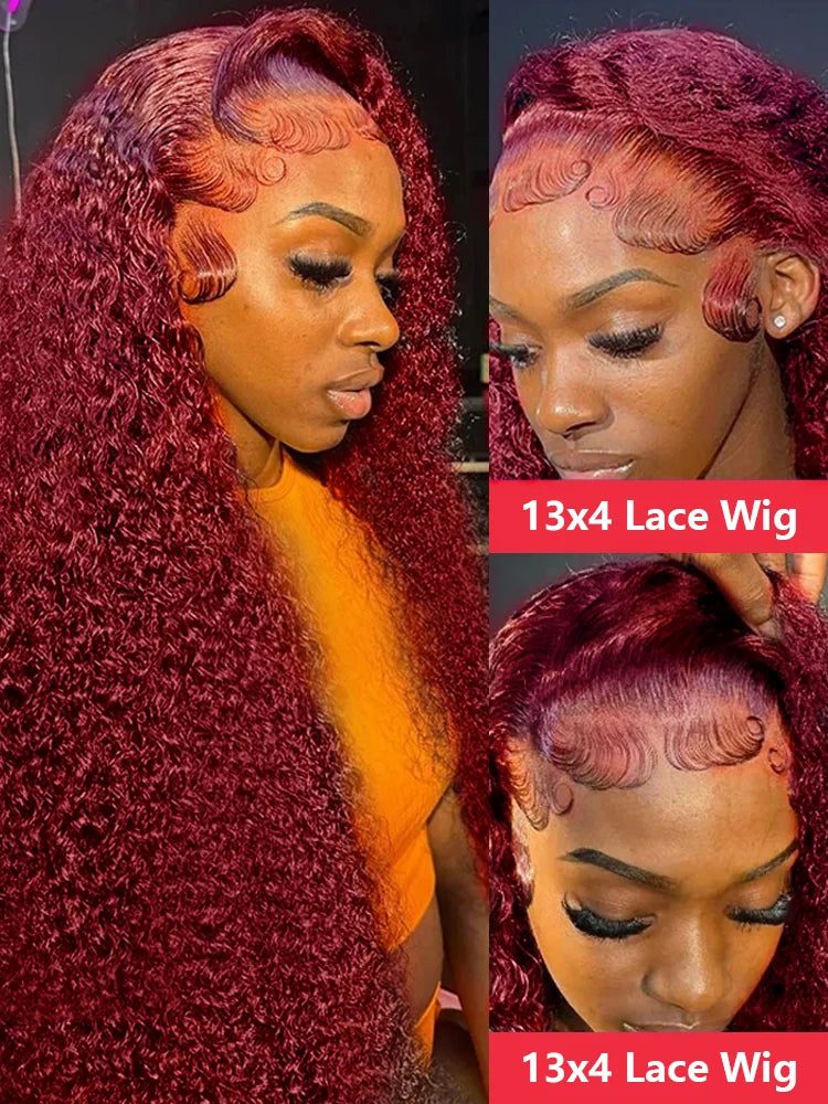 250 Density 13x4 Curly 99J Burgundy Colored Lace Front Wig 30 40 Inch Deep Wave 13x6 HD Lace Frontal Human Hair Wigs