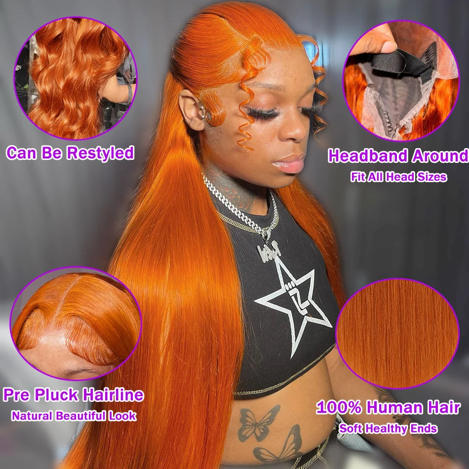 40 Inches Straight Ginger Orange Human Hair Wig Lace Front 13x6 13x4 HD Frontal Colored Wigs