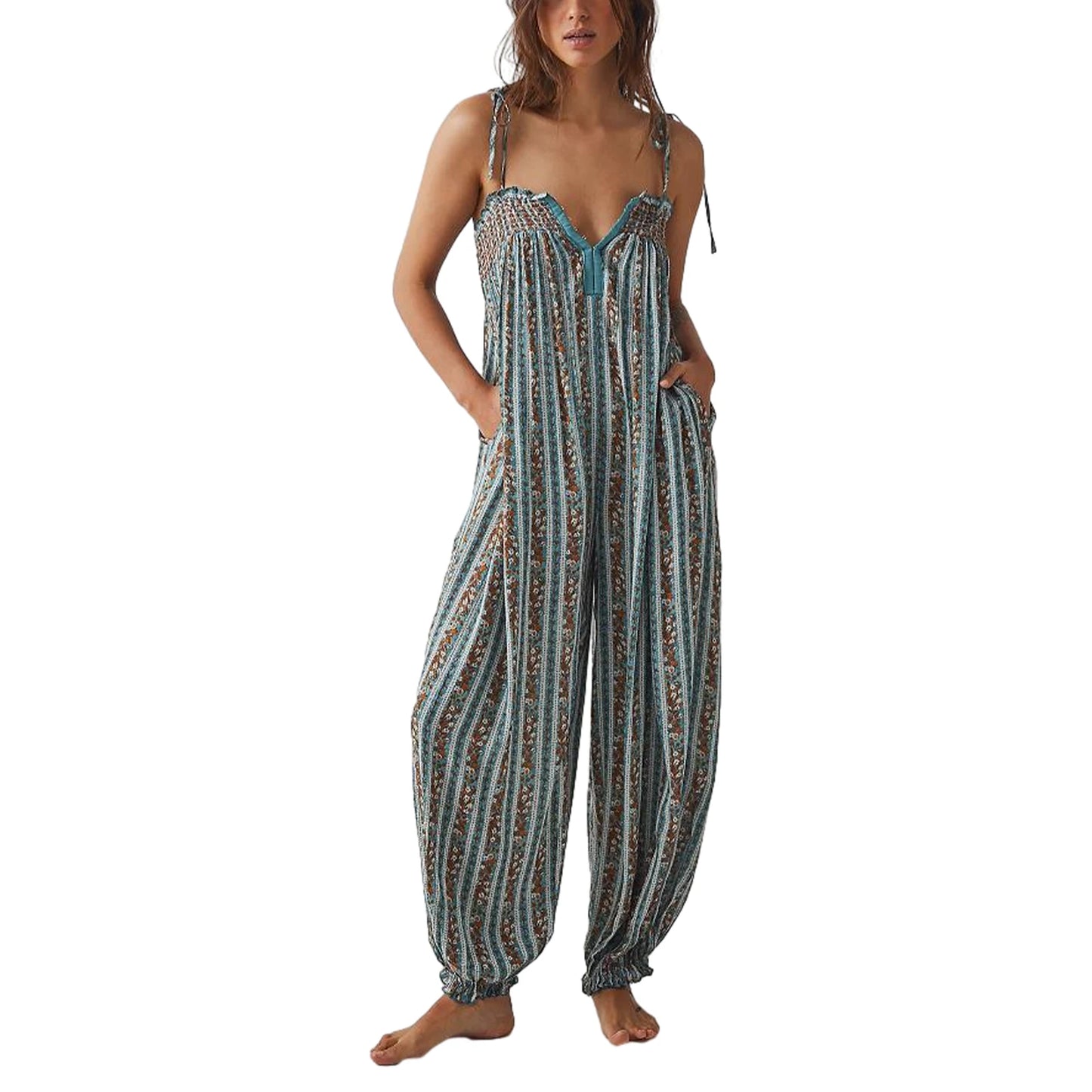 Women Summer Cami Jumpsuits Retro Floral Print Tie-Up Spaghetti Strap Sleeveless Long Rompers Fashion Loose