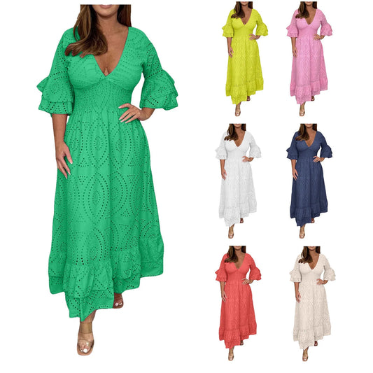 Women's Elegant V-neck  Hollow Out  Long Dress Summer  Casual Flare Sleeve  Dress