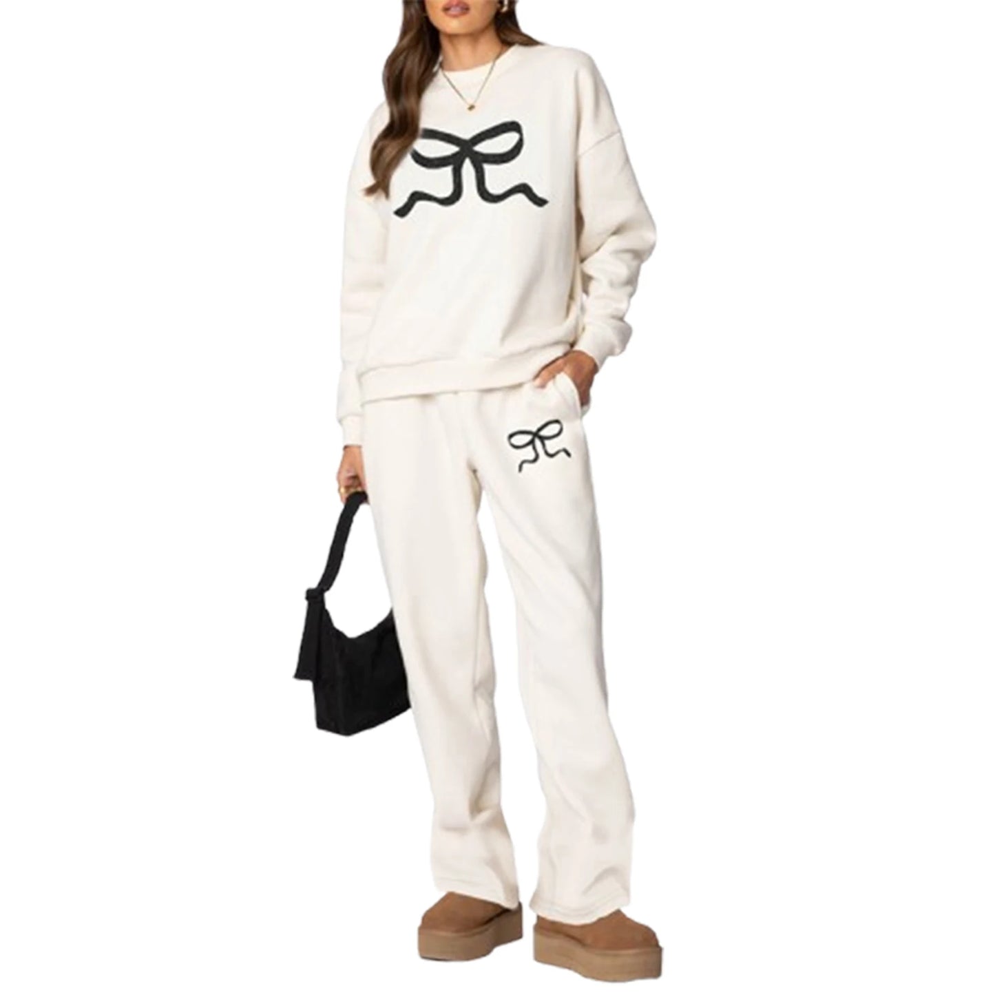 Women s 2-Piece Sweatsuit  Long sleeve O-neck and High Waist Wide Leg Pants Set Casual