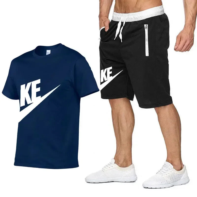 Summer men's printed round neck short-sleeved T-shirt + five-point shorts two-piece fitness sports fashion leisure suit