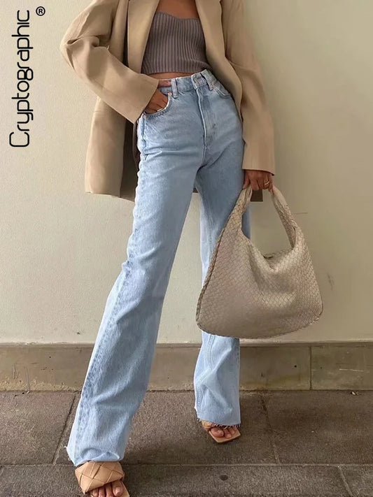 Cryptographic Casual Fashion Straight Leg Women's Jeans Denim Bottom Long High Waist Baggy Jeans