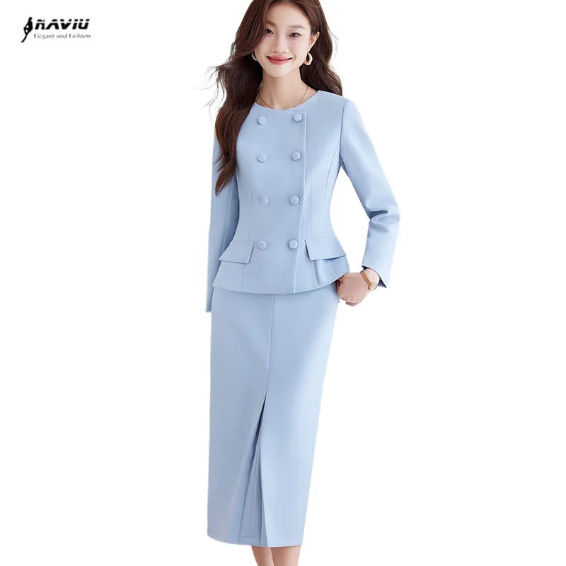 2 Piece Set Women's Double Breasted Blazer Elegant A Line Knee Length Slit Skirts OR Slacks Women's Work Wear
