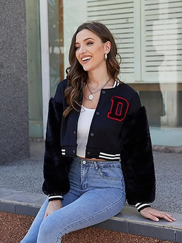 Women Faux Fur Sleeve Cropped Baseball Jacket Casual Letterman Coat