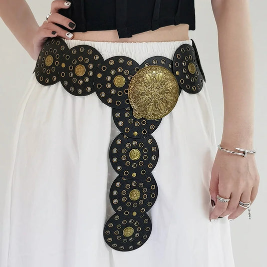 Women's Western Denim Belt High Quality Metal Hollow Ladies Trend Wide Waistband Vintage Personalized Round Belts
