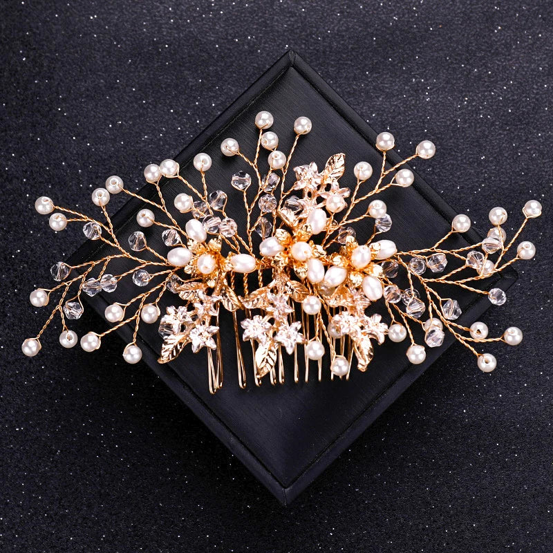 Gold Color Crystal Pearl Hair Comb Headband For Women Bride Party Bridal Wedding Hair Accessories Jewelry Comb Headband