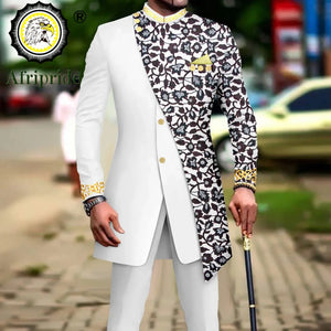 African Style Suits for Men Embroidery Print Blazer and Pants Set Business Dress Suit with Kerchief Party Wedding Evening