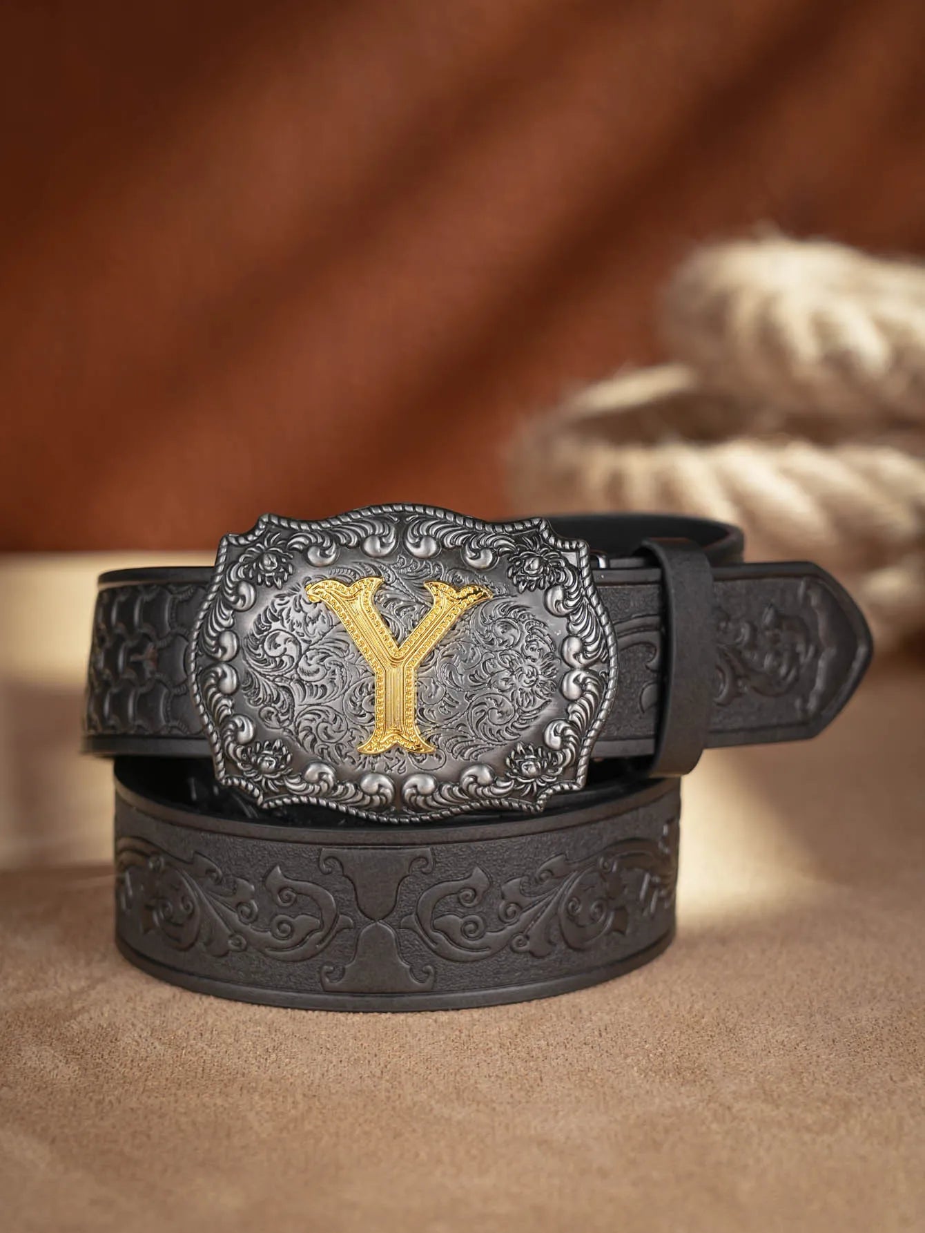 Western Cowboy PU Leather Belt  Waist Strap Bull Decoration Floral Engraved for Jeans