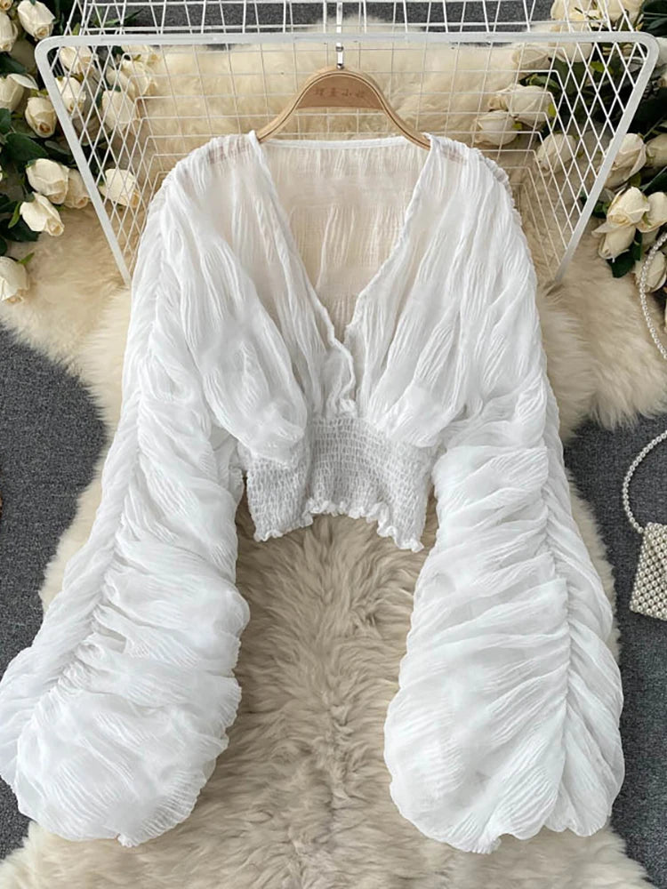 Summer Sexy Draped Chiffon Blouse For Women Elegant V-Neck Puff Long Sleeve Short Tops
