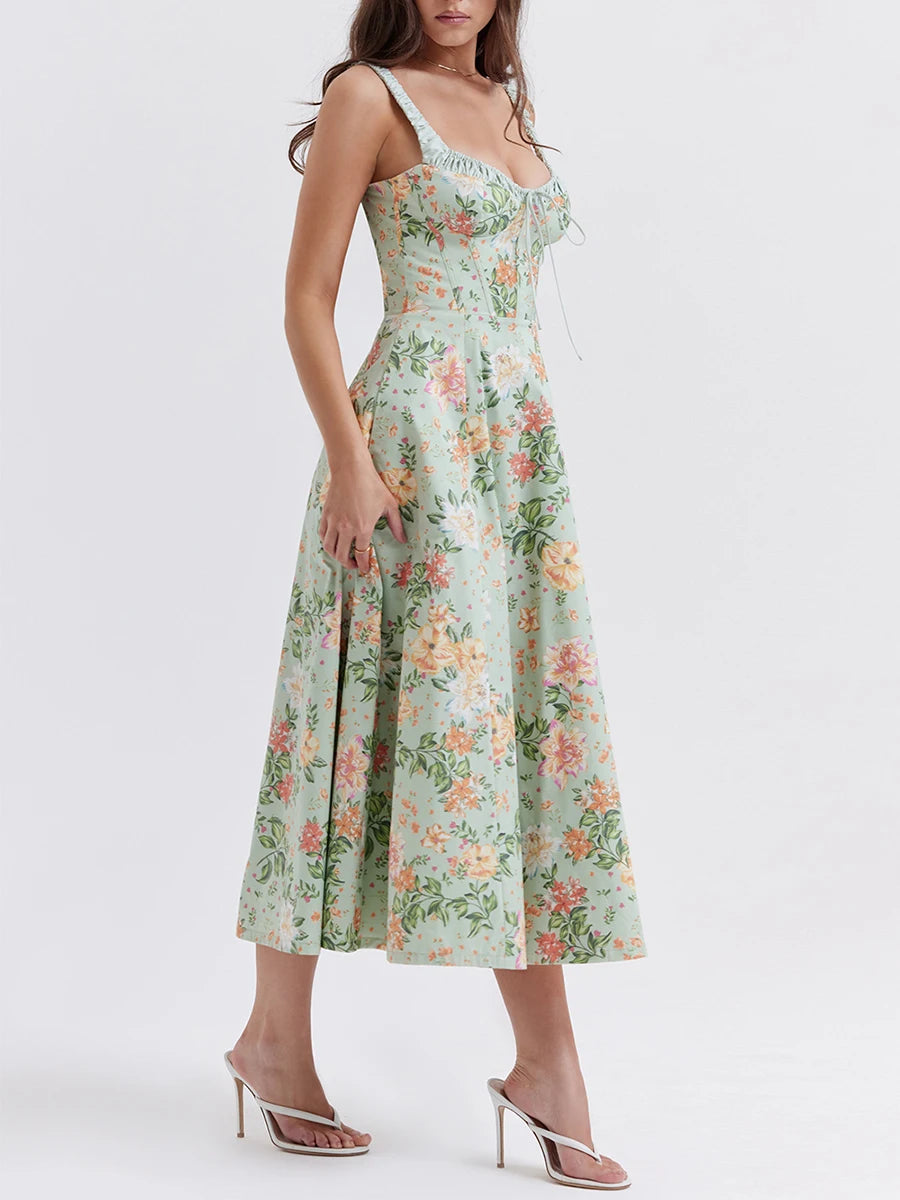 Summer Casual Midi Dress Floral Print Low-Cut Sleeveless