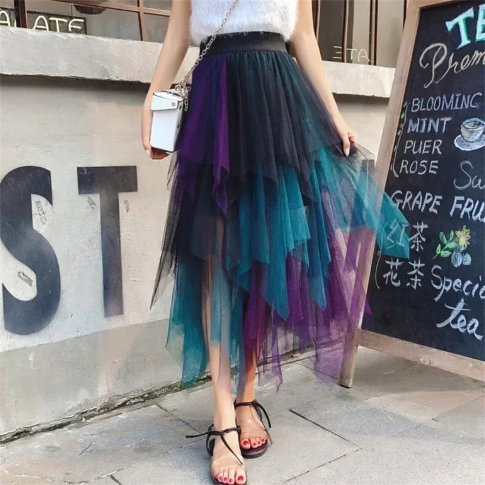 Casual High Waist Midi Mesh Skirt