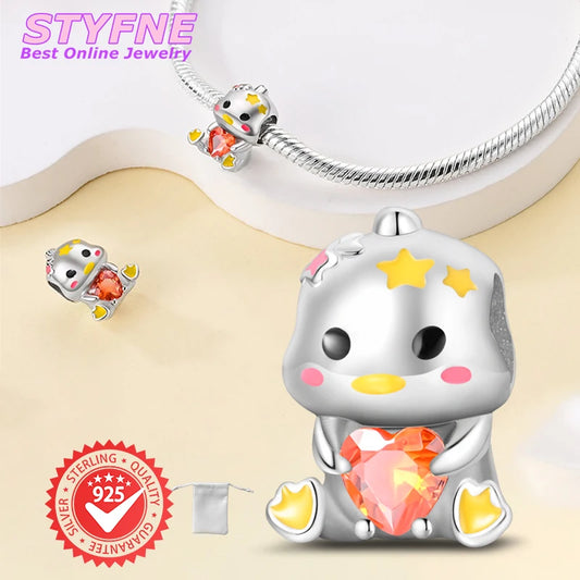 925 Sterling Silver Cartoon Cute Stars Duck Heart Shaped Beads Fit Pandora Original Bracelet