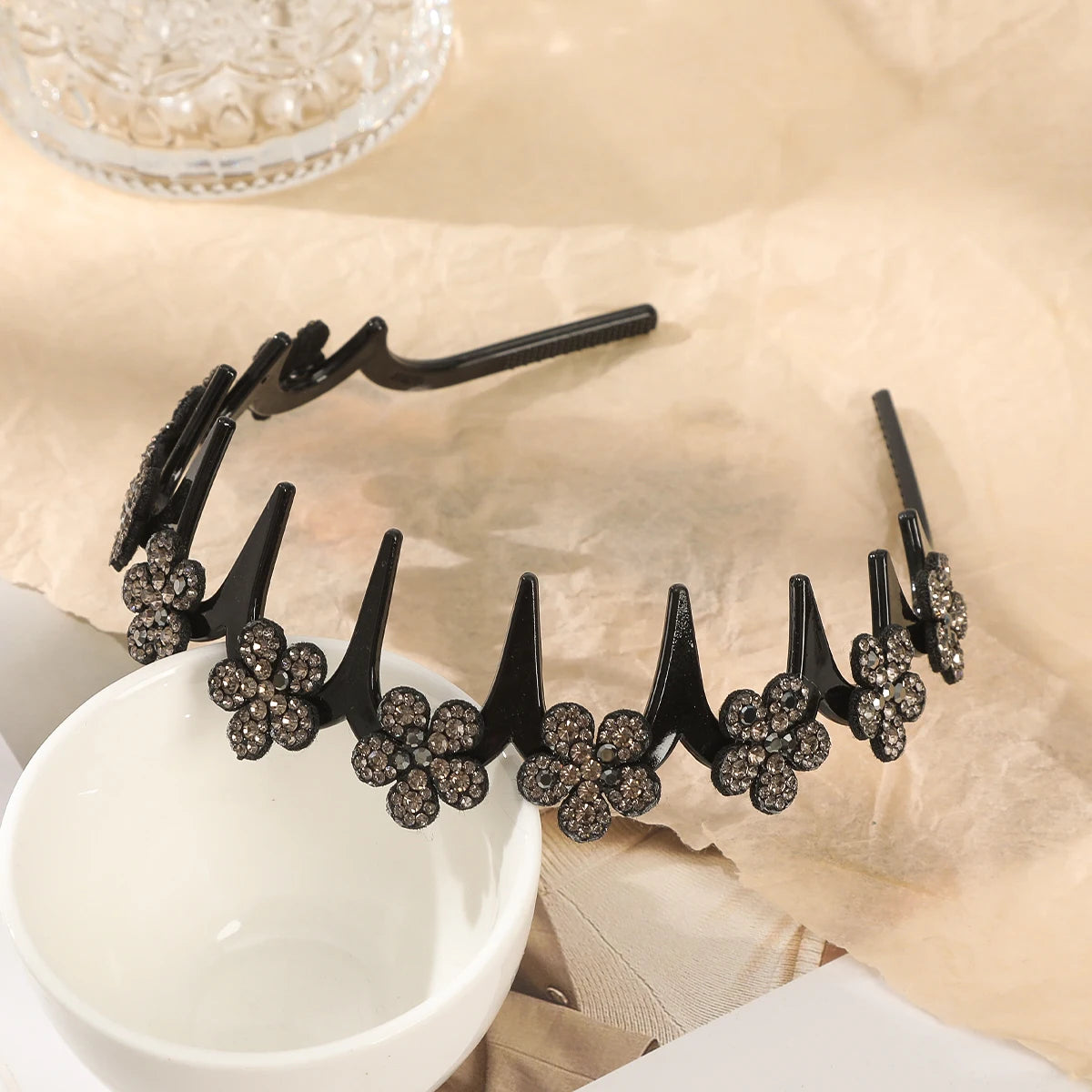 Flower Rhinestone Wave Hairband Headbands Hair Hoops Women  Retro Hair Hoops Face Wash Hairpin Fluffy Texture Toothed Comb