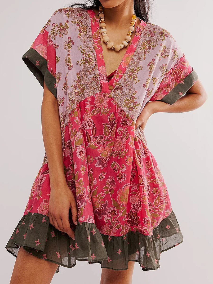 Women s Sleeveless Dress with Ruffle Hem in Tropical Print Summer Boho Beach Dress with Pockets
